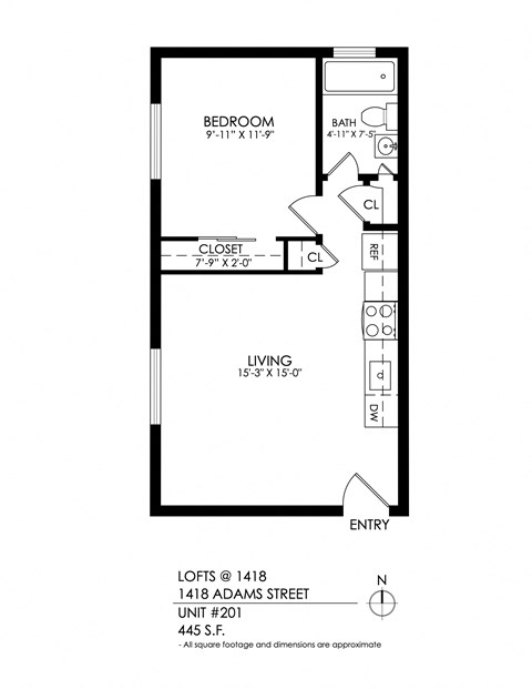 Floor plan for 1 bed, 1 bath, 460 sqft